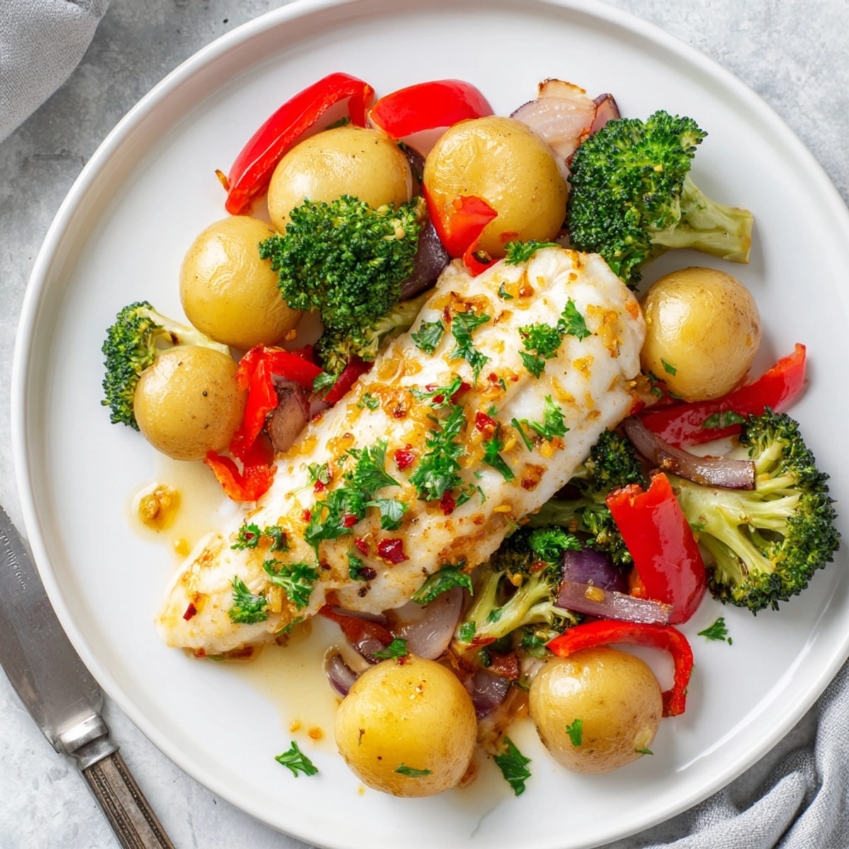 Overhead view: Golden Lemon Butter Tilapia Sheet Pan with bright green broccoli.