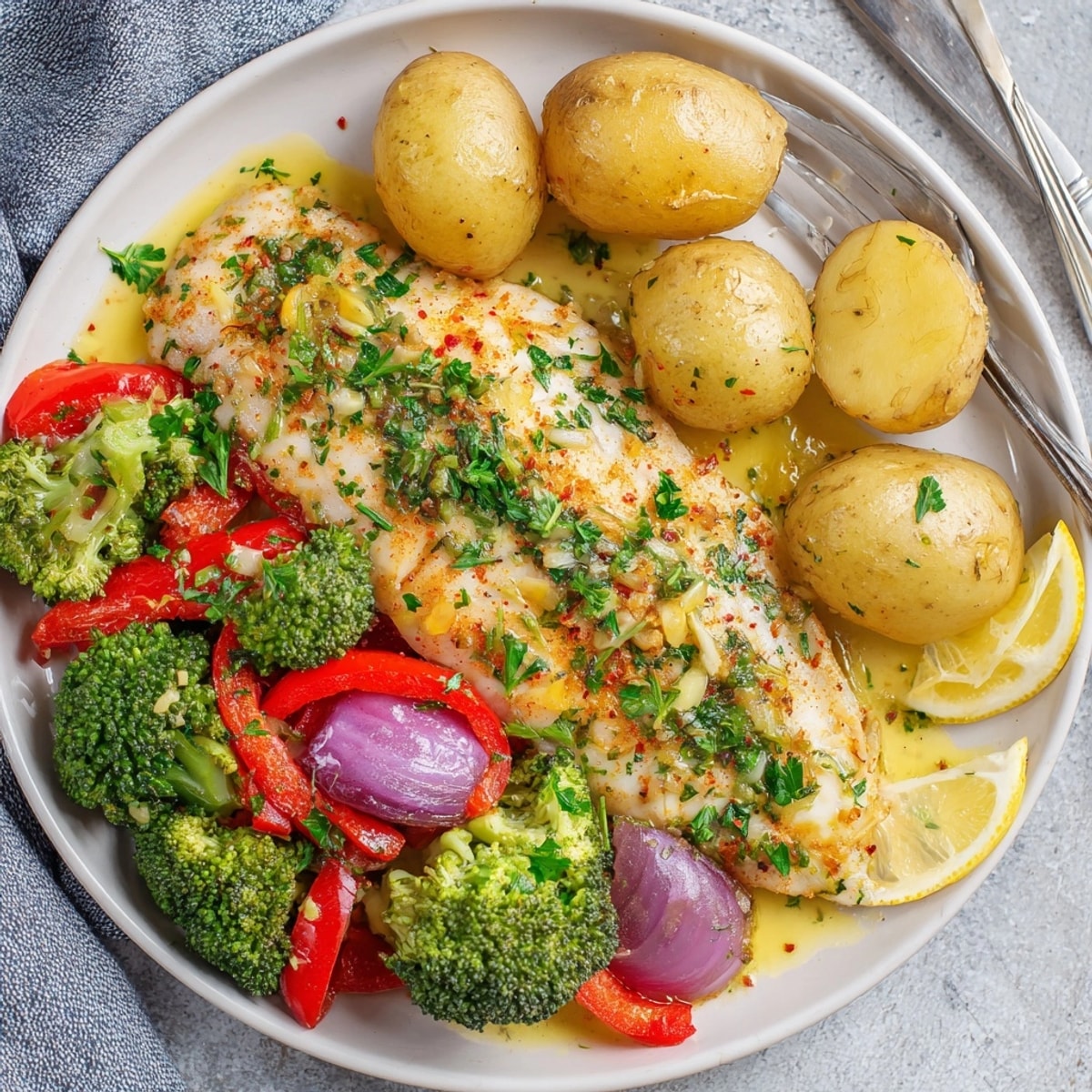 Easy weeknight dinner, Lemon Butter Tilapia, bakes tender fish with flavorful vegetables.