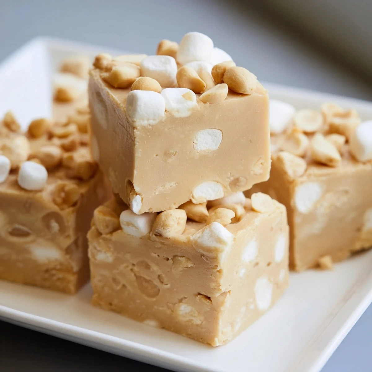 Squares of creamy 5-Minute Peanut Butter Marshmallow Fudge studded with marshmallows, ready for dessert.