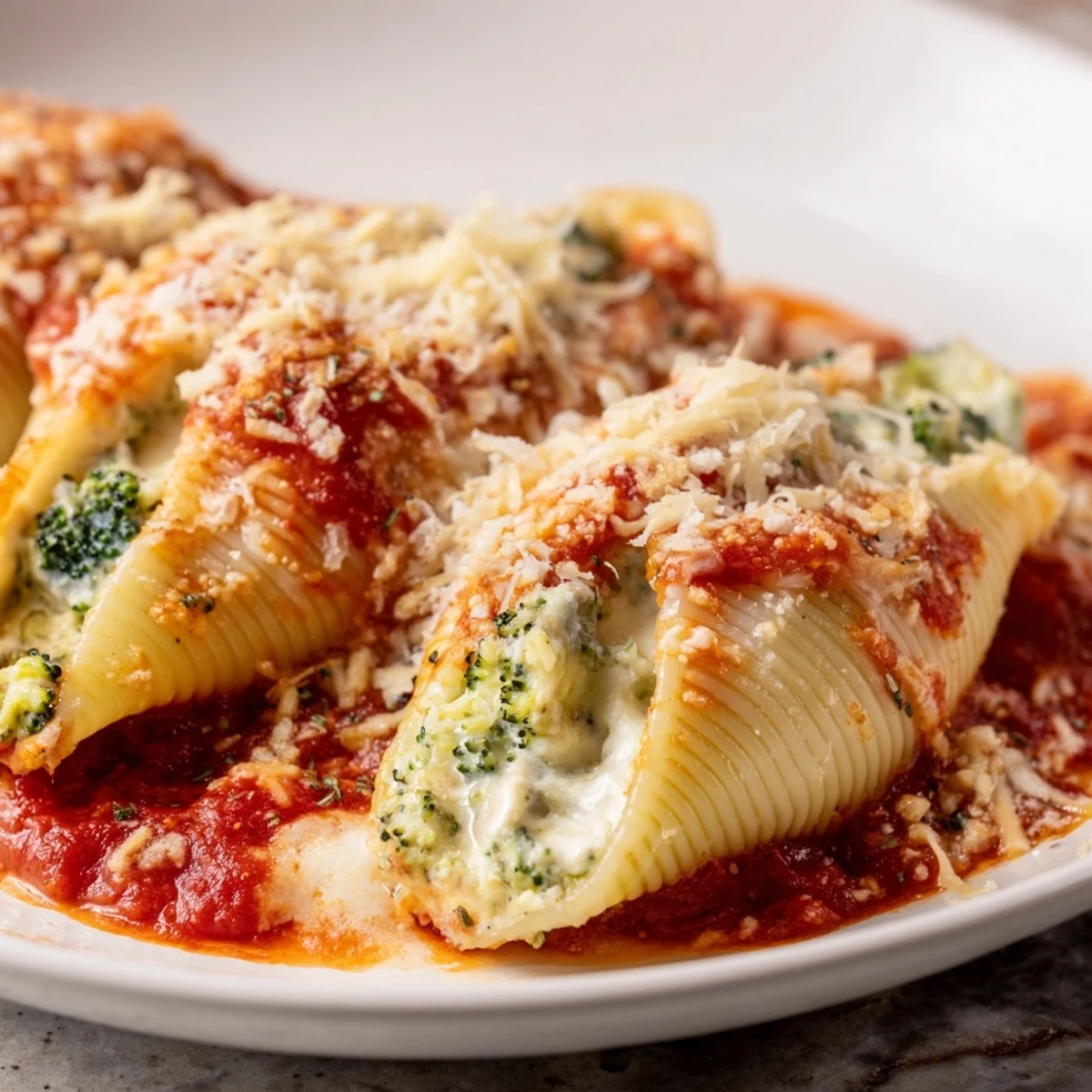Broccoli Ricotta Stuffed Shells, bubbly and golden, ready to serve with a garnish of fresh basil.