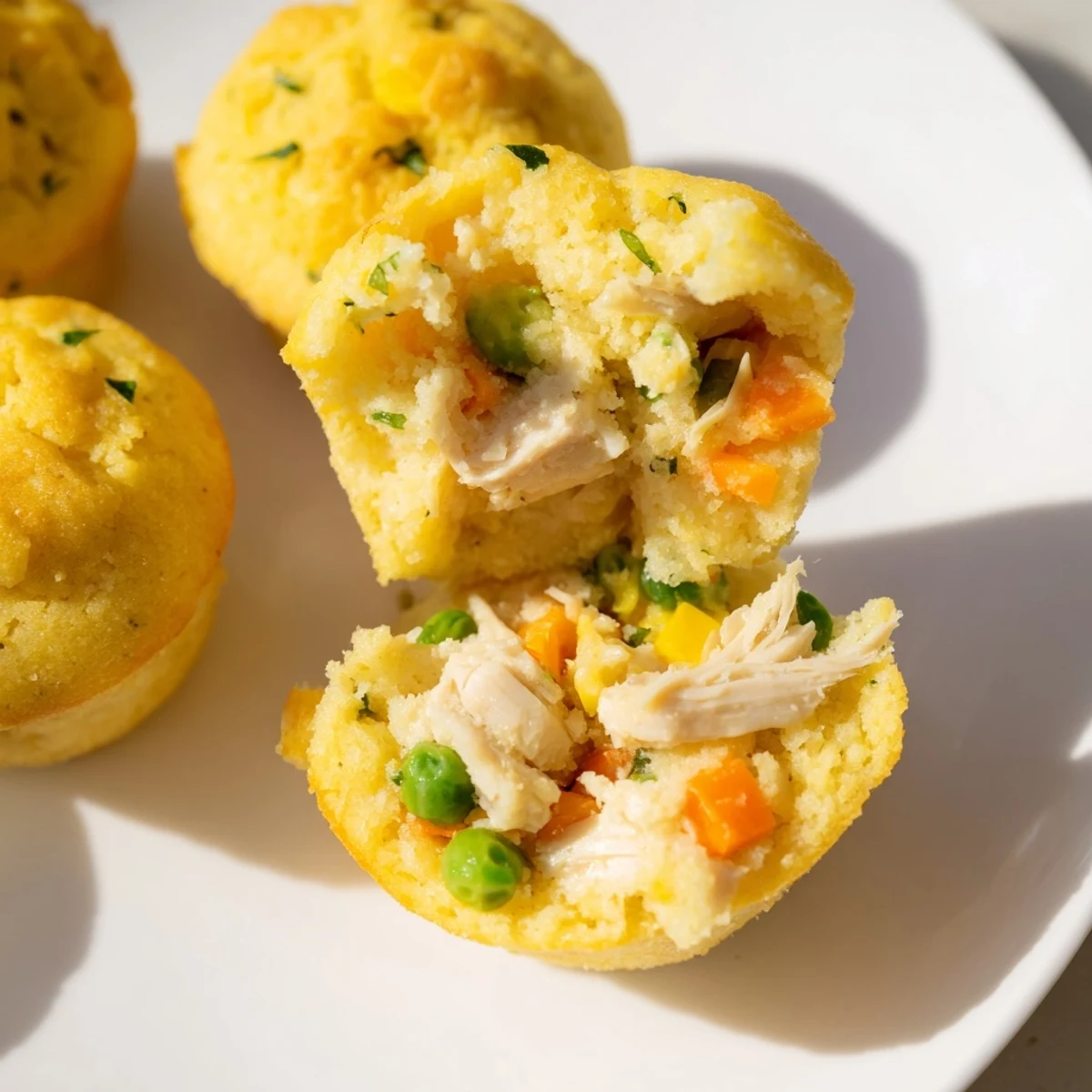 Golden-brown Mini Chicken Pot Pie Cornbread Muffins, a delightful appetizer with creamy chicken filling.