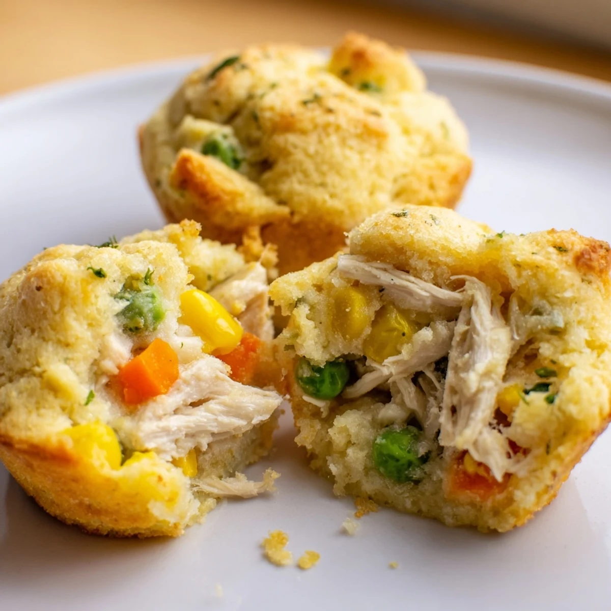 Warm, freshly baked Mini Chicken Pot Pie Cornbread Muffins, perfect for a cozy weeknight dinner or party.