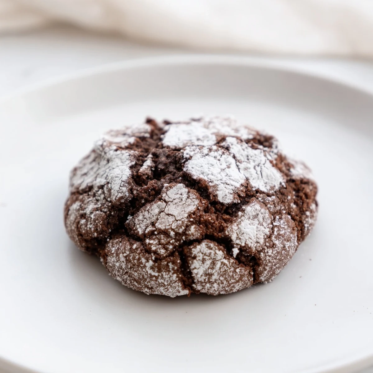 Warm, freshly baked simple chocolate crinkle cookies covered in powdered sugar, ready to enjoy.