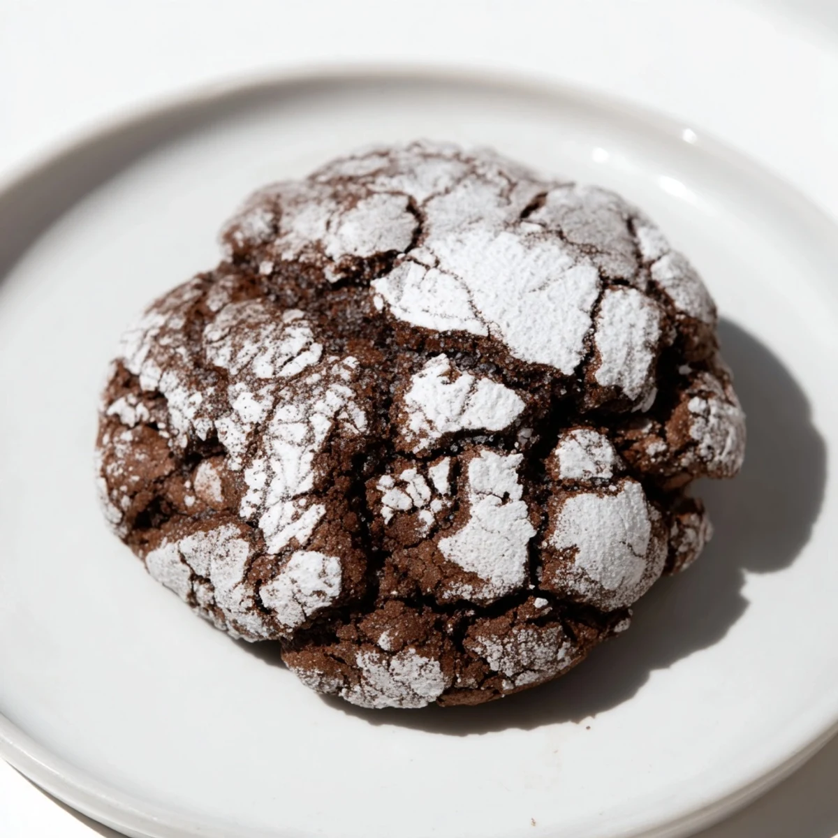 Close-up of crackled simple chocolate crinkle cookies, showcasing their soft, fudgy interior after baking.