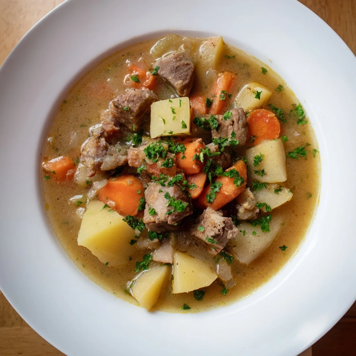 Hearty Classic Pork and Root Vegetable Irish Stew, glistening with tender pork and a medley of root vegetables.