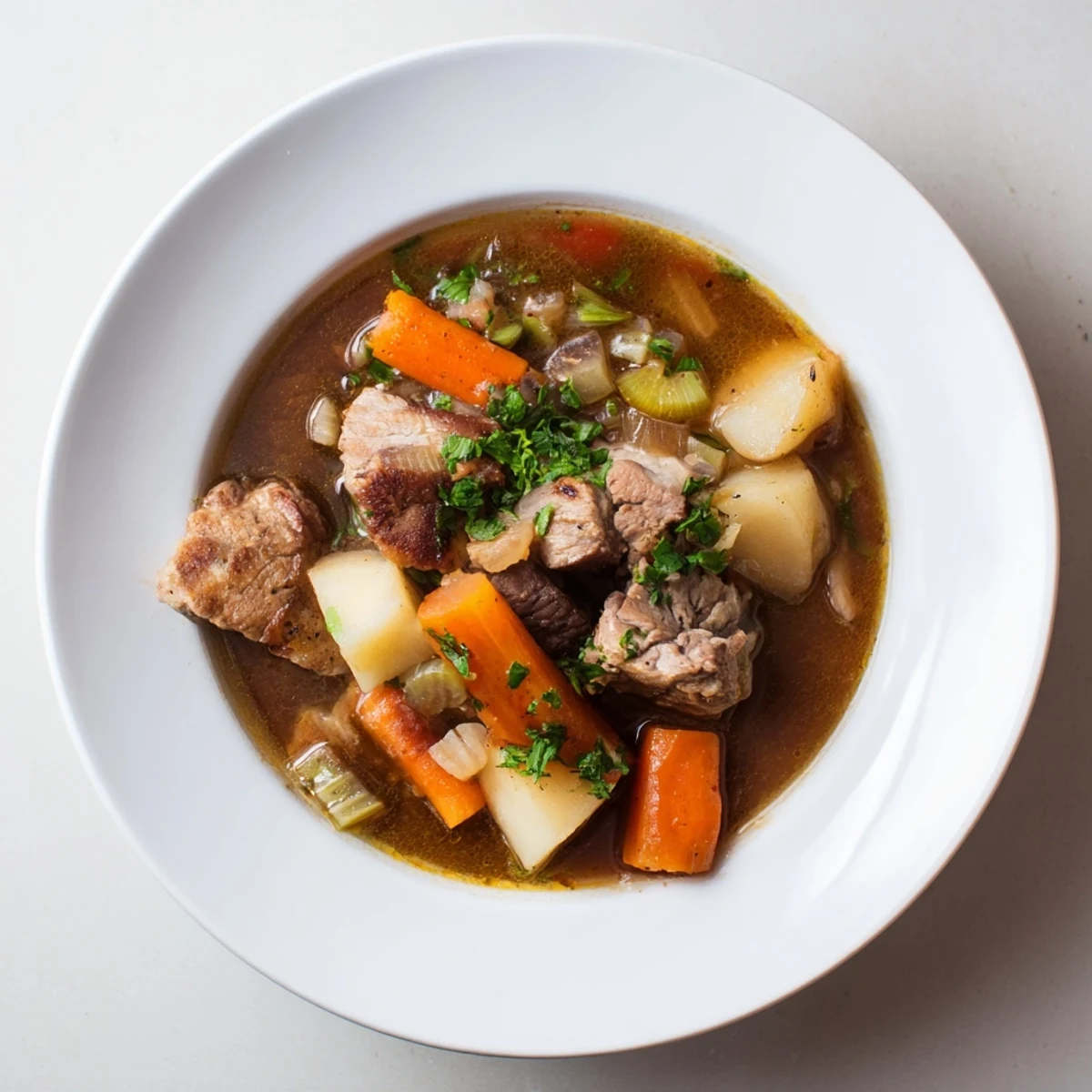 Steaming bowl of Classic Pork and Root Vegetable Irish Stew, fragrant with herbs and slow-cooked to perfection.