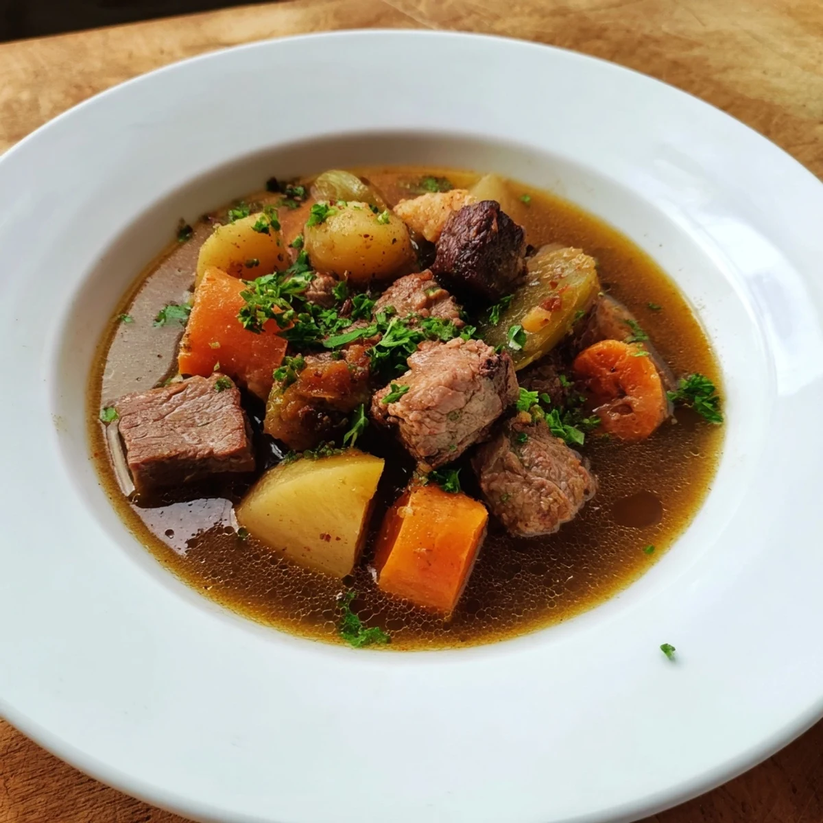 A close-up of the flavorful Classic Pork and Root Vegetable Irish Stew, served hot and ready to enjoy.