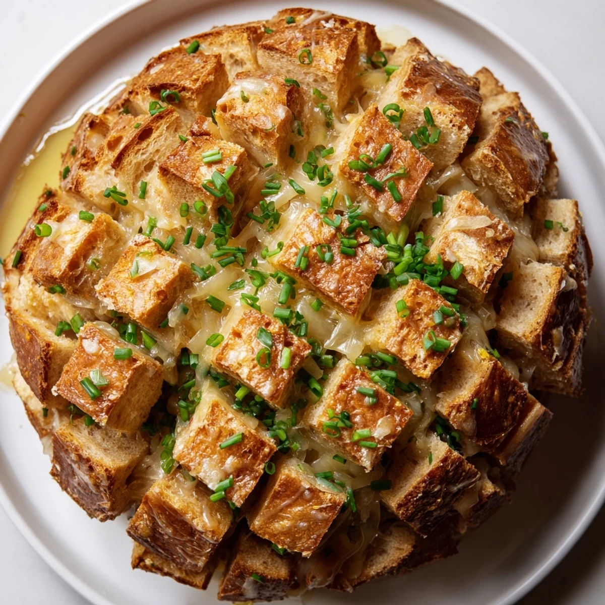 Melting Gruyère covers this flavorful Baked French Onion Dip pull-apart bread, a perfect appetizer.