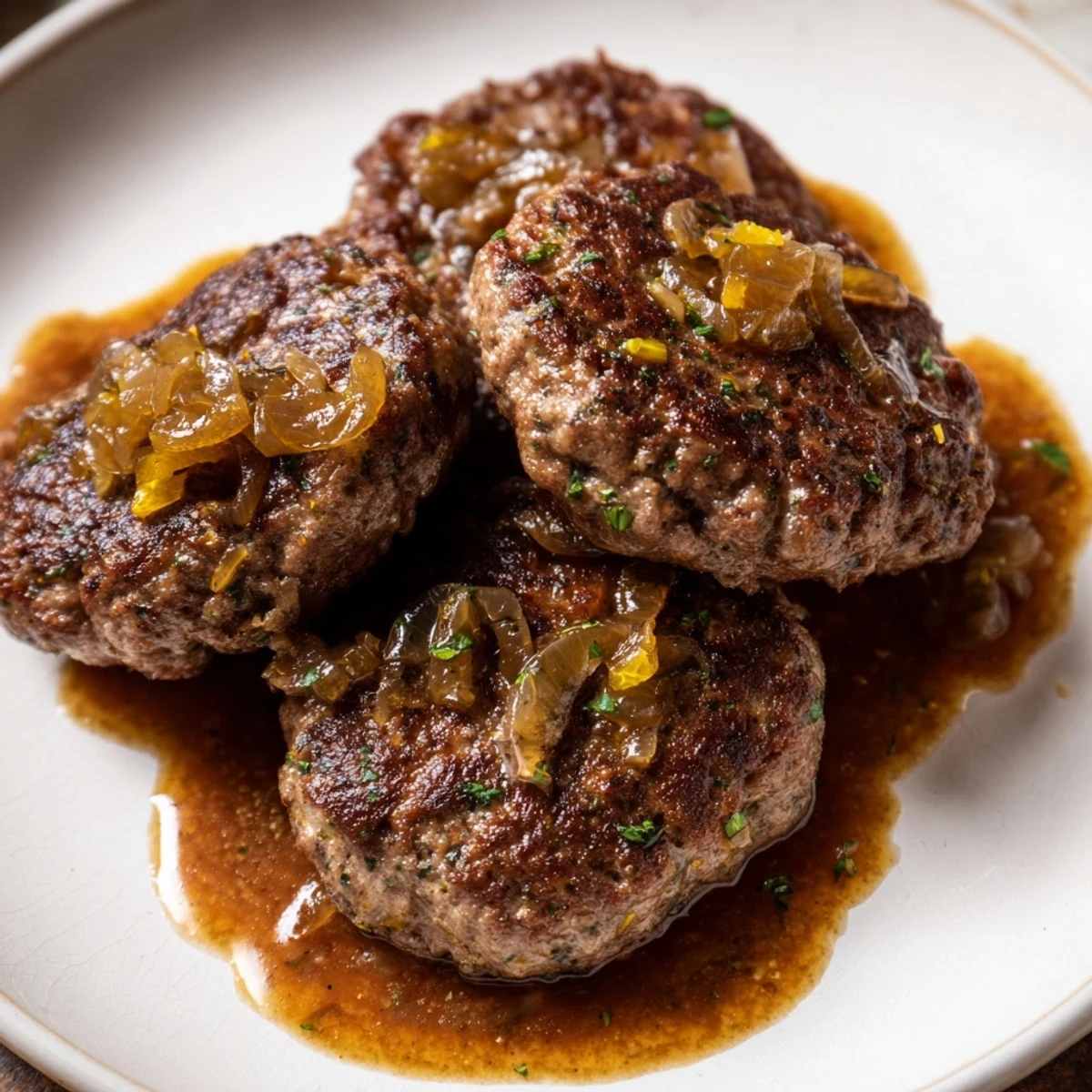 Golden-brown skillet Frikadellen, swimming in rich onion gravy—a comforting German meatball feast.