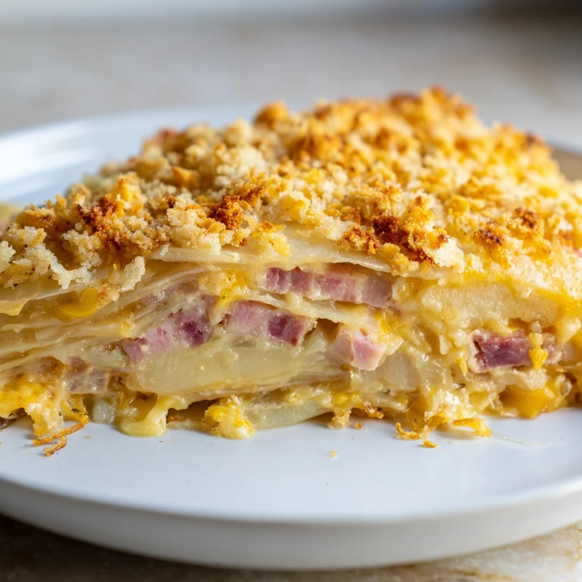 Creamy cheese sauce coats layers of potato and ham in this delicious Ultra Creamy Ham and Potato Scallop Casserole.