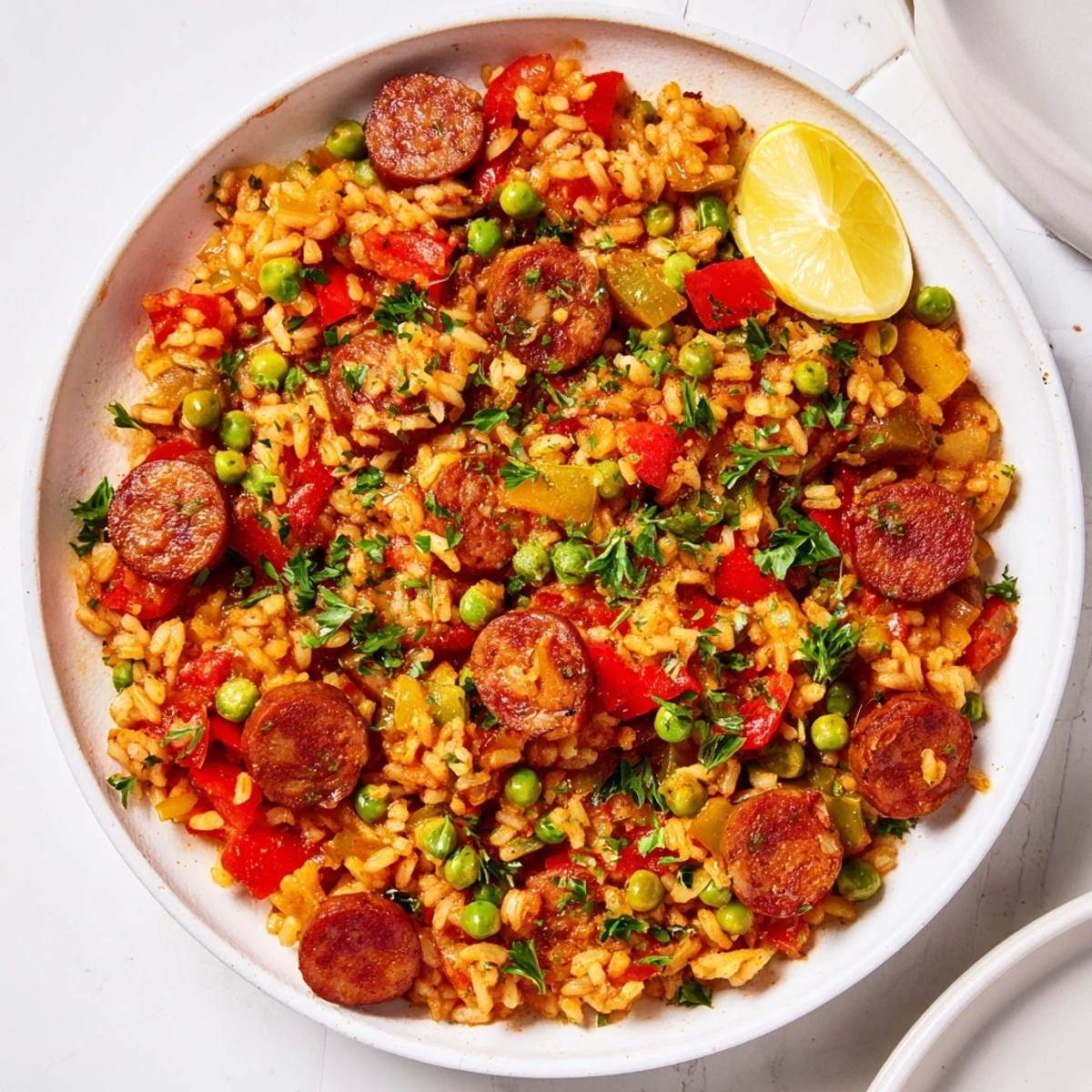 A steaming skillet of One-Pot Spanish Chorizo and Rice is ready, complete with parsley and vibrant vegetables.