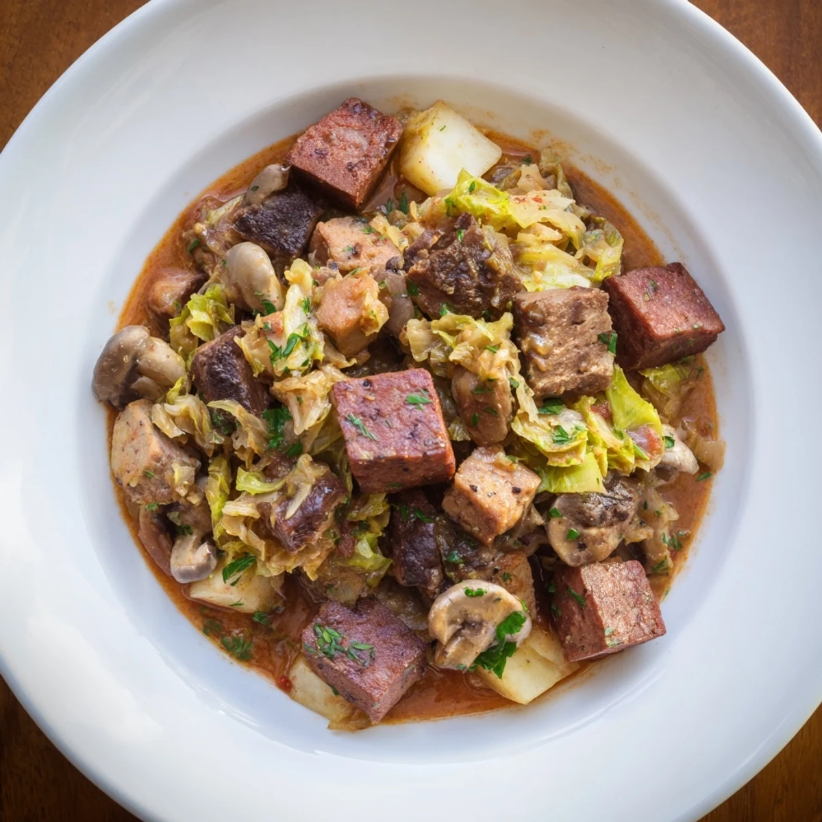 Steaming hot Babcias Hearty Bigos: Hunter's stew with tender meats and savory sauerkraut.