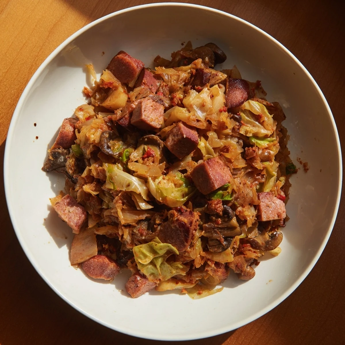 A close-up of Babcias Hearty Bigos showcasing the rich, complex flavors of Polish cuisine.