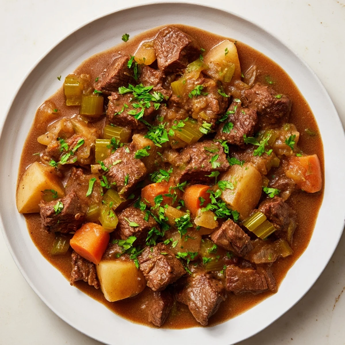 Steaming Instant Pot Budget Beef Stew with root vegetables, chunky and aromatic, ready to serve.