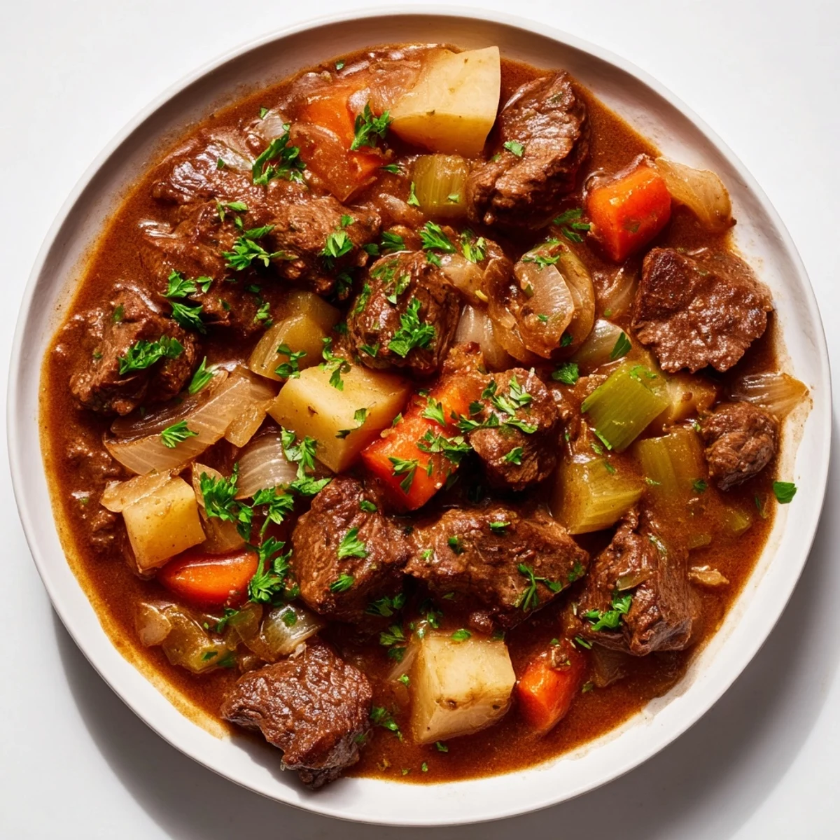 A warm, rich bowl of Instant Pot Budget Beef Stew with tender beef and vibrant vegetables.