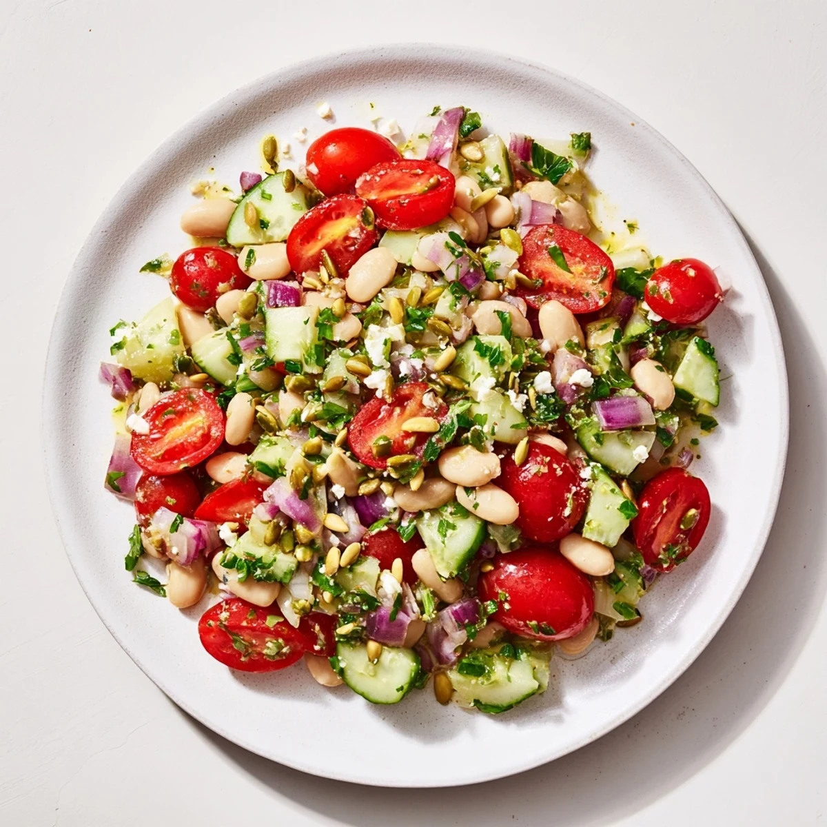 Hearty white bean and lemon salad overflowing with fresh tomatoes and creamy white beans, ready to serve.