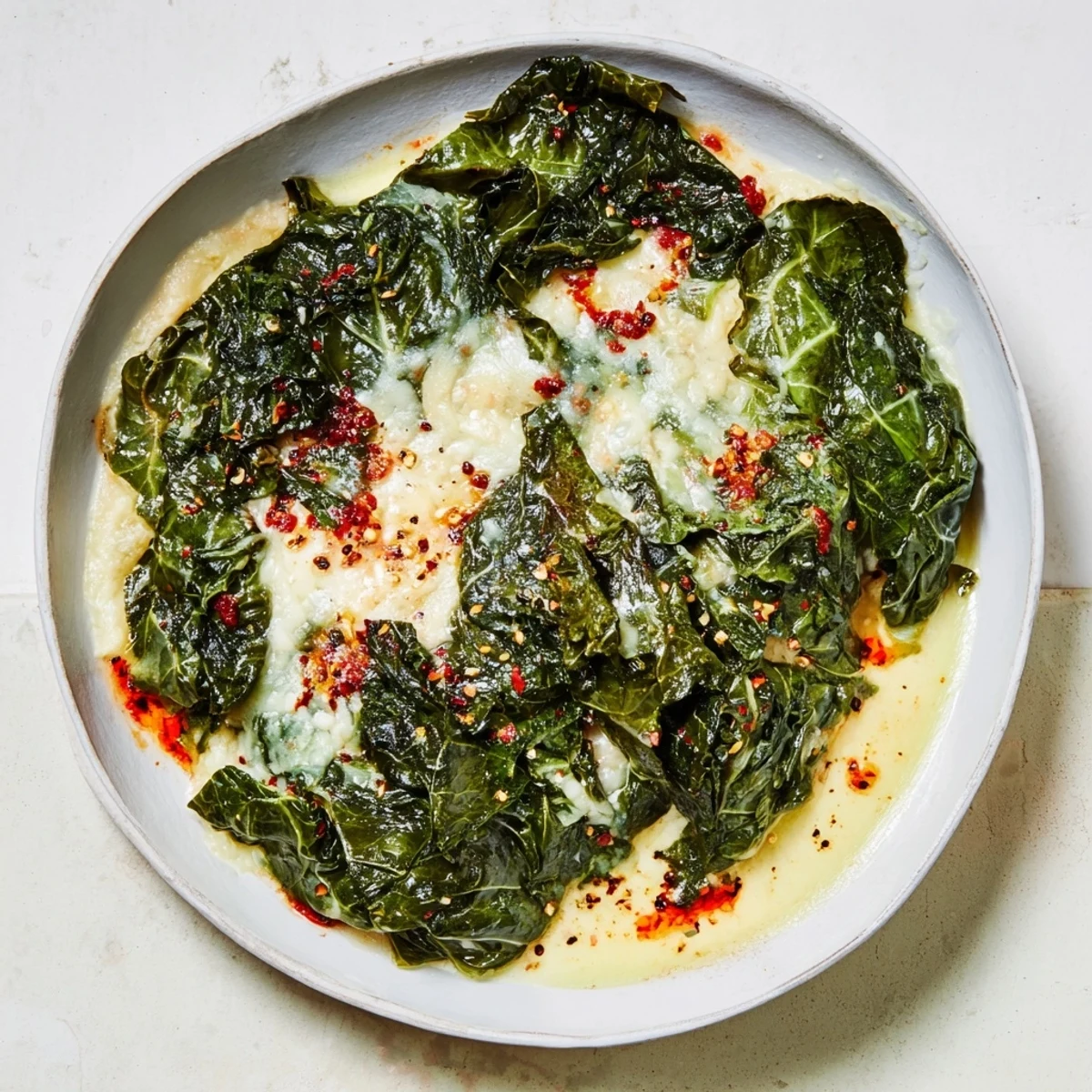 A close-up of tender Cheesy Southern Collard Greens with Smoked Turkey, bursting with creamy cheese and smoky flavors.
