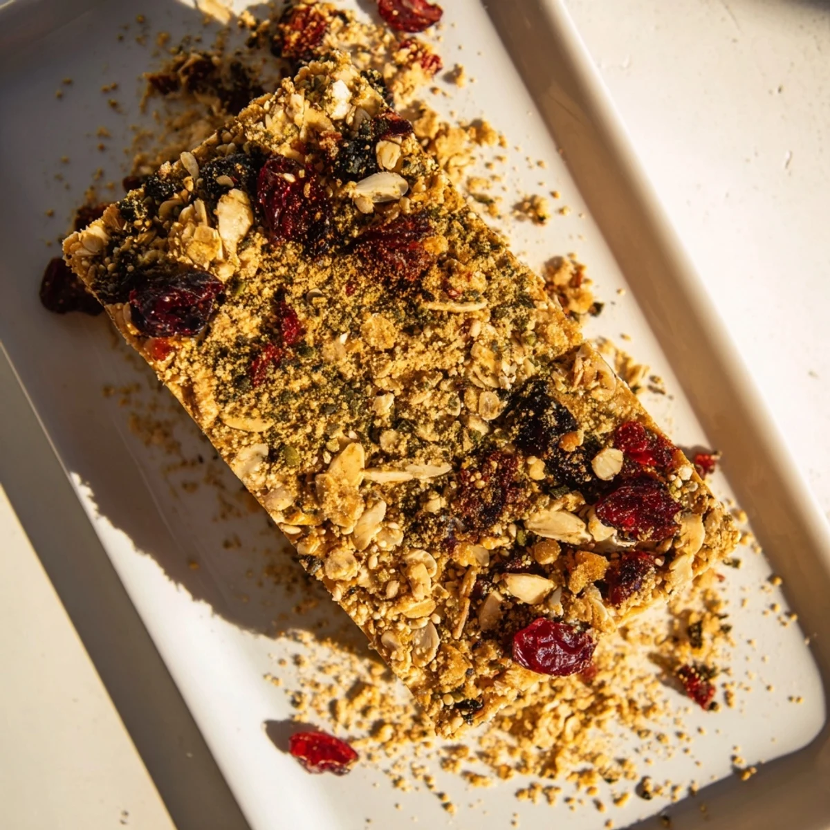 These Matcha Cranberry Oat Crumble Breakfast Bars show a chewy, textured bar sprinkled with a sweet cranberry mix.