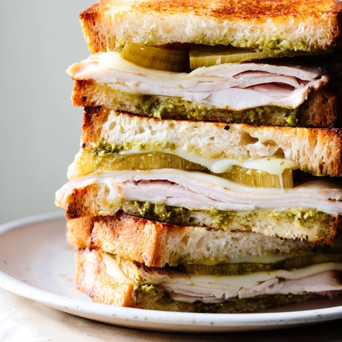 Golden, melty Pesto Turkey Zucchini Grilled Cheese stacks are ready to serve with crispy edges and warm insides.