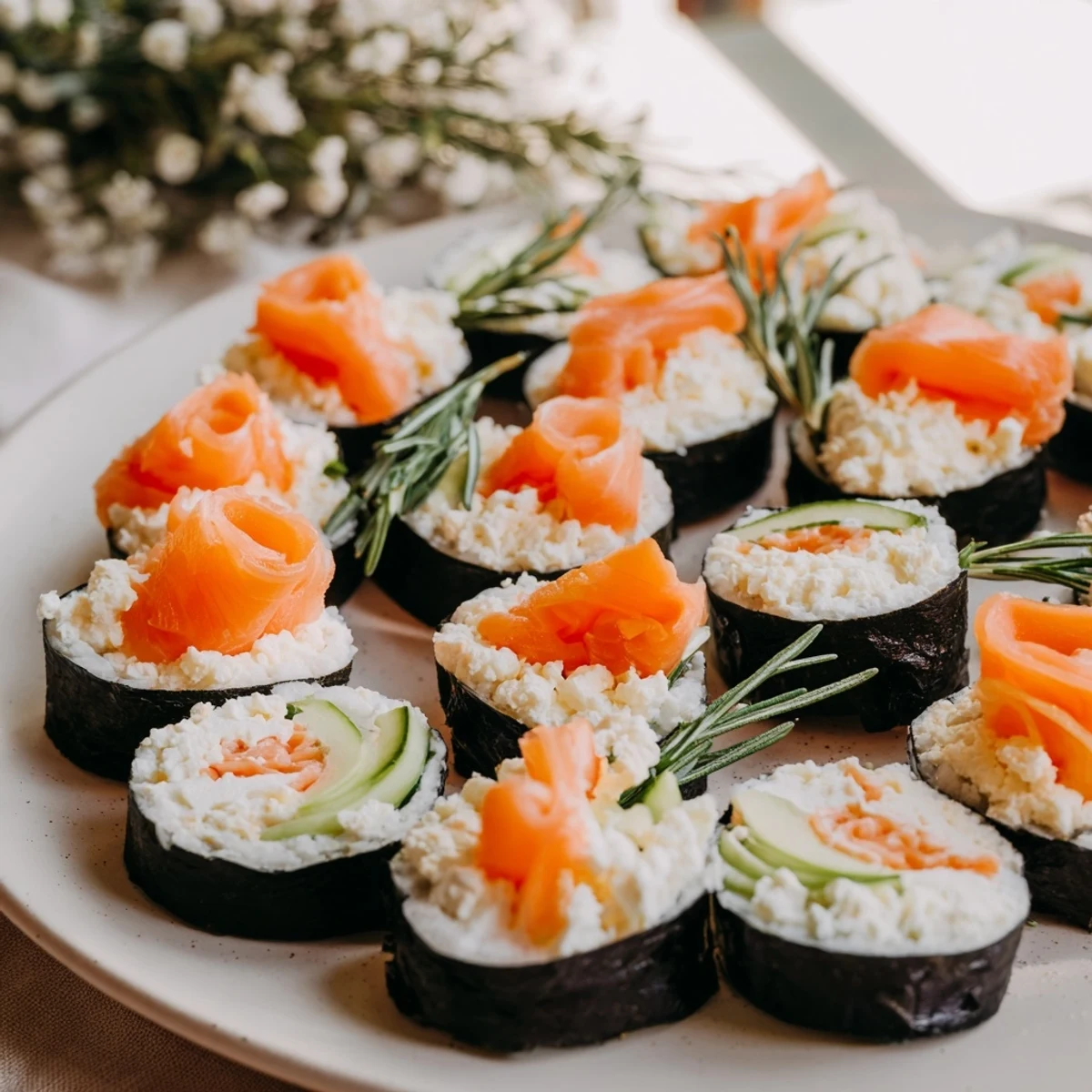 Fresh, vibrant High-Protein Sushi Wrap Smoked Salmon Holiday Rolls, sliced to reveal a colorful filling.