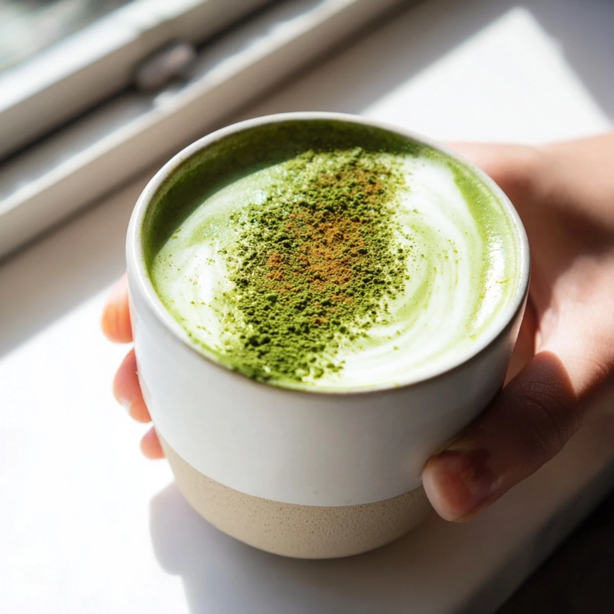 Steaming cinnamon maple oat milk matcha latte served in a mug, garnished with cinnamon, ready to enjoy.
