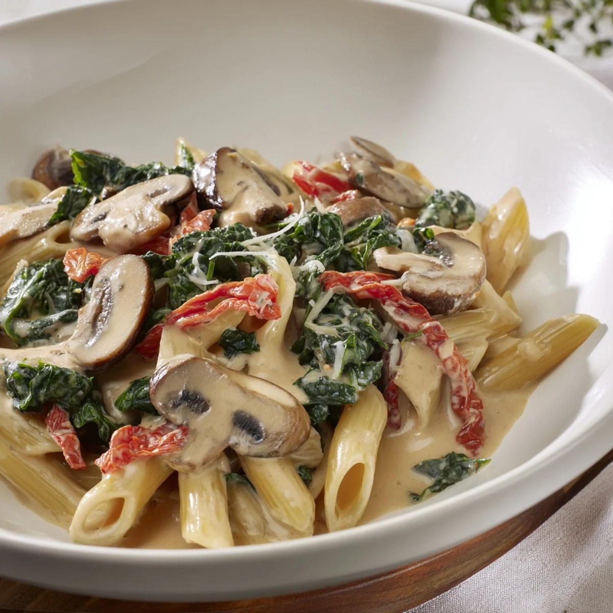 Delicious creamy sun-dried tomato mushroom penne skillet, perfect for a quick, flavorful weeknight meal.
