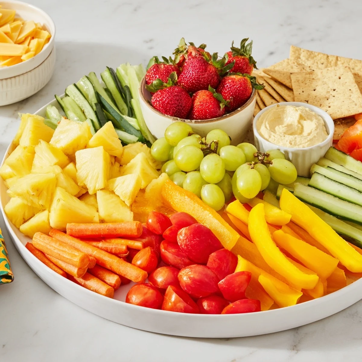 Colorful Sunshine Snack Tray bursting with fresh fruits, cheese, and crunchy vegetables, ideal for snacking.