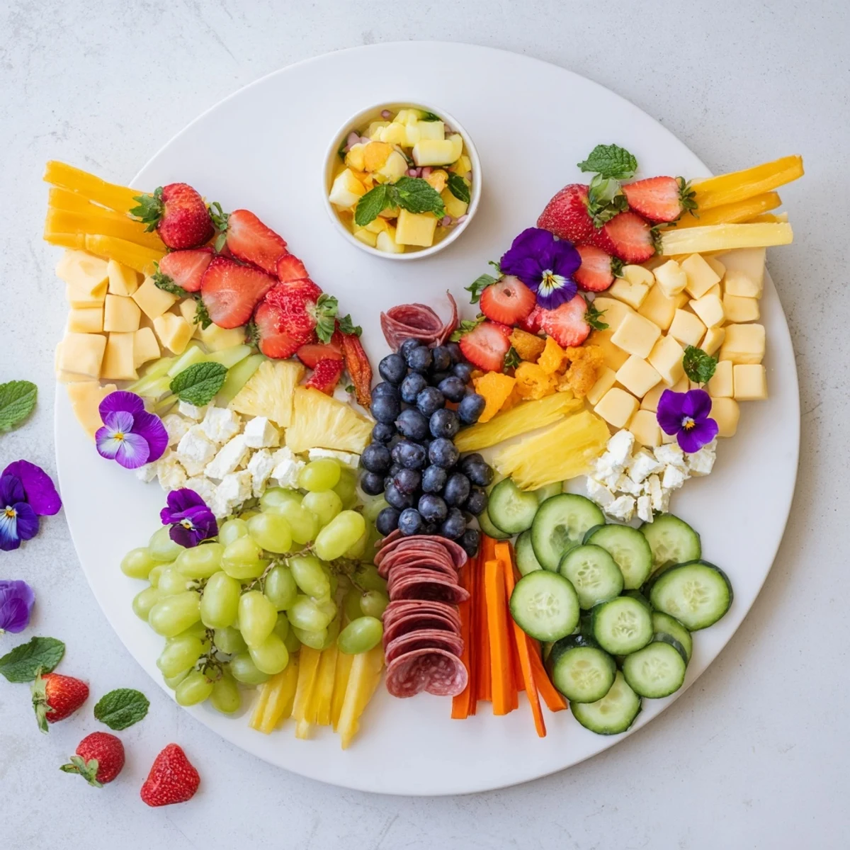 A stunning Butterfly Summer Board, overflowing with colorful fruits, cheese, and charcuterie, ready to enjoy.