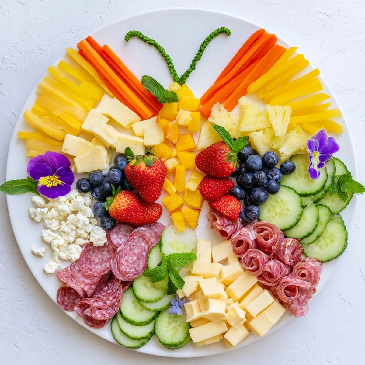 Perfect for a summer picnic, this Butterfly Summer Board features arranged cheeses and fresh fruit shaped as butterfly wings.