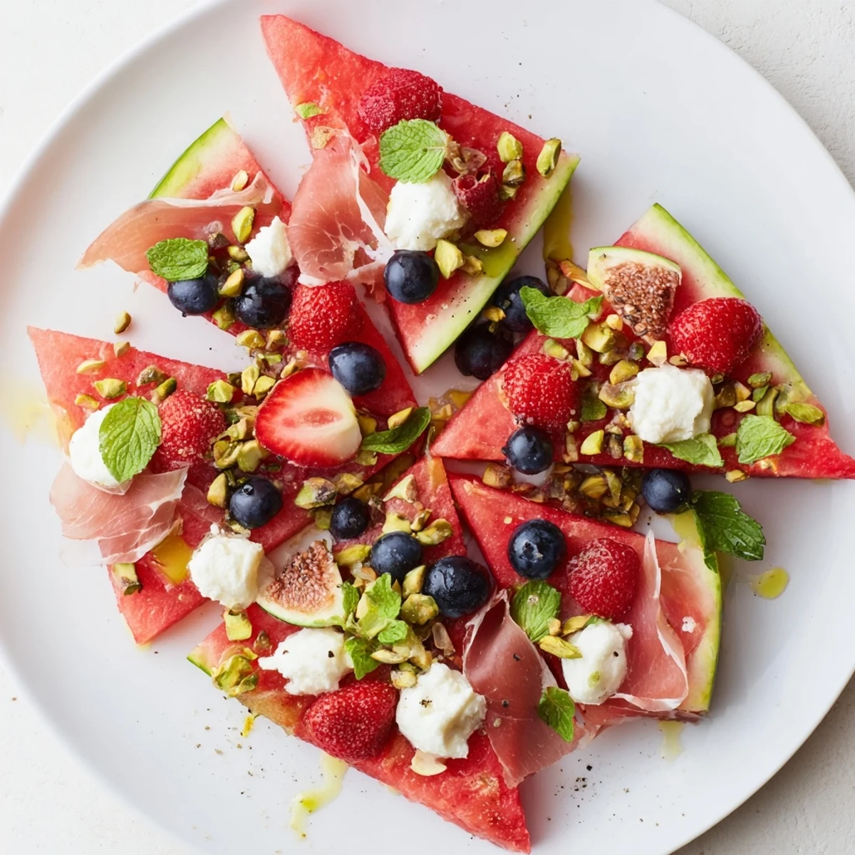 Juicy watermelon slice charcuterie platter, artfully arranged and ready for a summer party.
