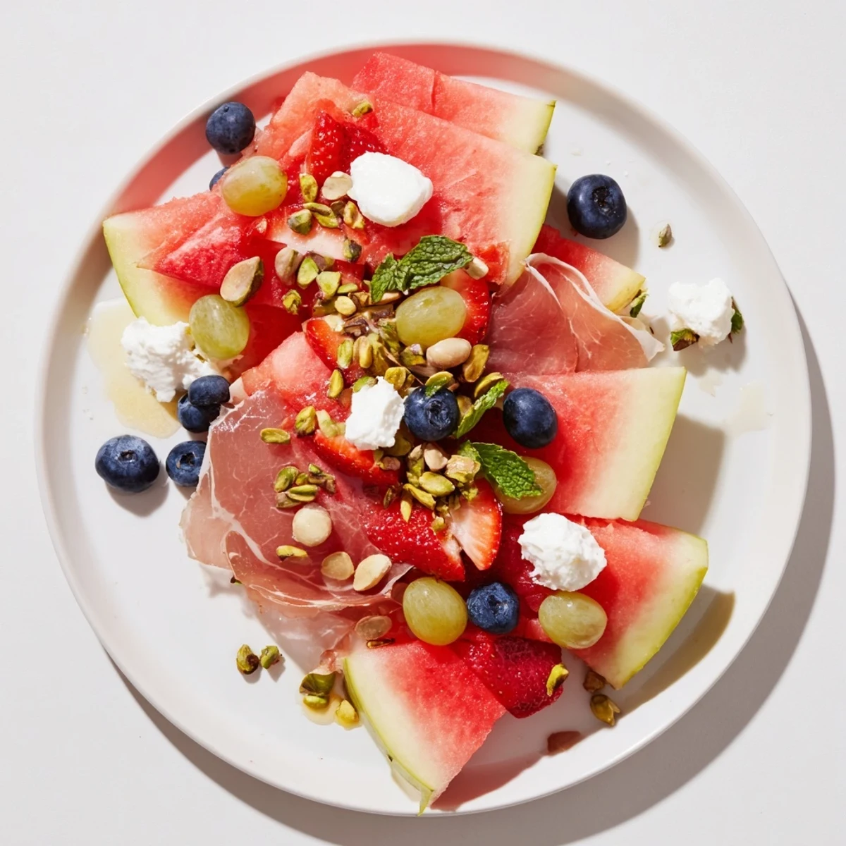 A close-up of a refreshing Watermelon Slice Charcuterie, showcasing vibrant fruits and cheeses.