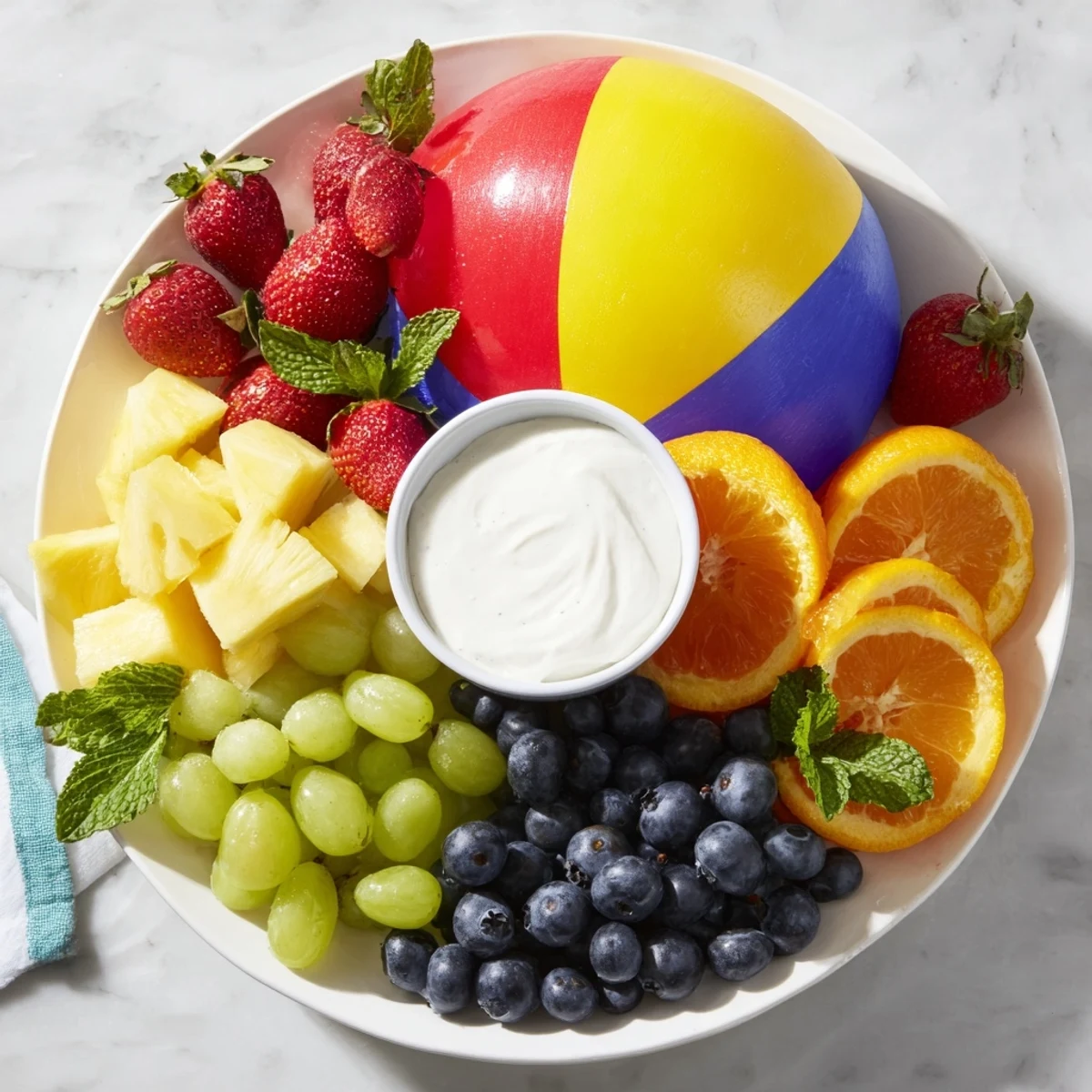 Vibrant Beach Ball Fruit Platter: a sun-kissed arrangement of watermelon, berries, and pineapple, ready to serve.
