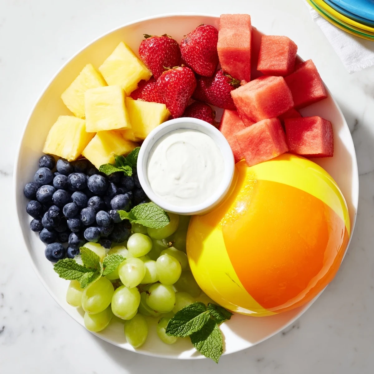 Close-up of a refreshing Beach Ball Fruit Platter, showcasing various fruit segments on a circular plate.