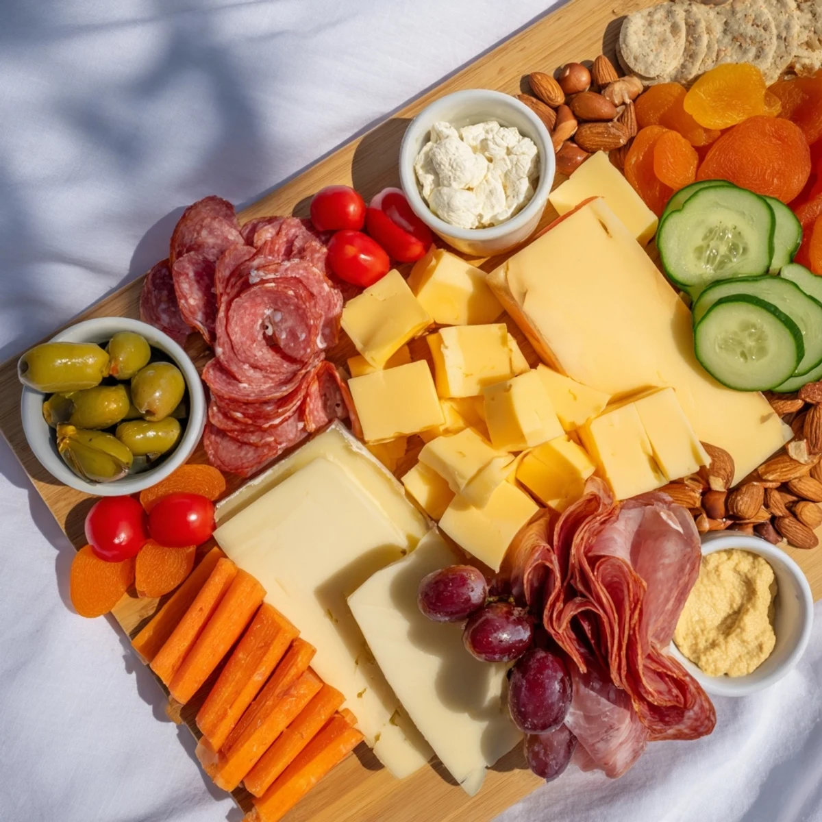Enjoy a delicious Picnic Basket Snack Board, showcasing vibrant cheese, meats, and snacks for a feast outdoors.