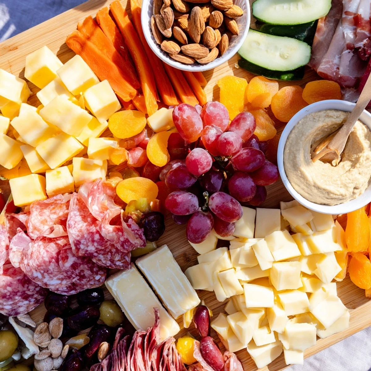 A colorful Picnic Basket Snack Board overflowing with cheddar, grapes, and crackers, ready to eat.