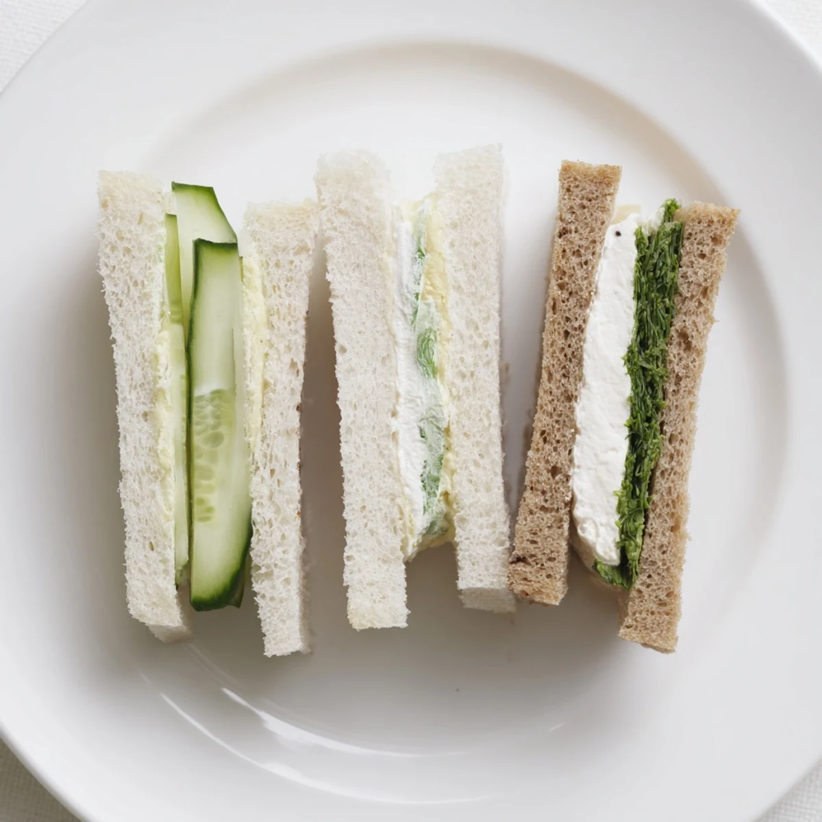 Delicate finger-sized Castle Feast Royal Tea Party Sandwiches; some with smoked salmon, others cucumber, and egg.