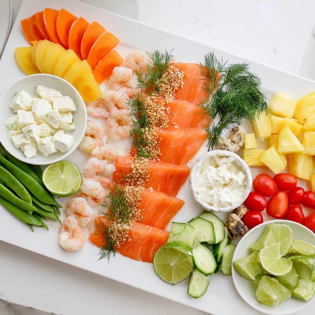 Delicious Wave Rider Surfer Snack Board with smoked salmon, feta, and tropical fruits, perfect for sharing.