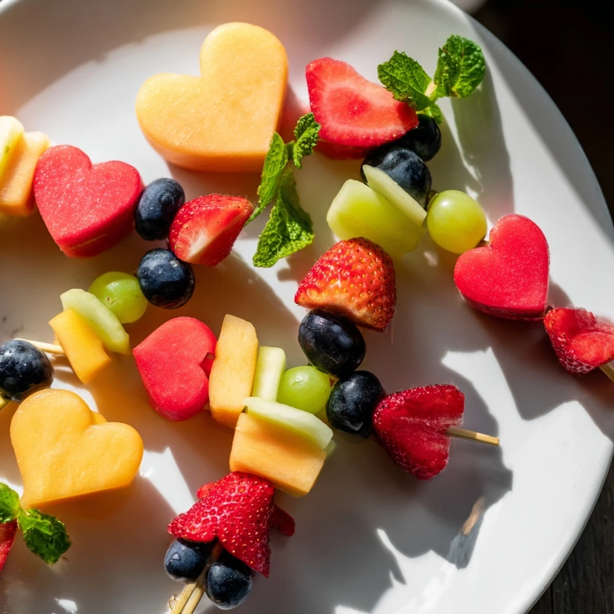 Brightly colored Berry Good Heart Fruit Skewers with berries and melon hearts are a fun snack option.