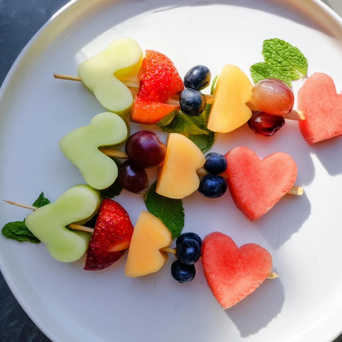 Delicious Berry Good Heart Fruit Skewers, a colorful arrangement of fresh fruit on skewers, ready to eat!