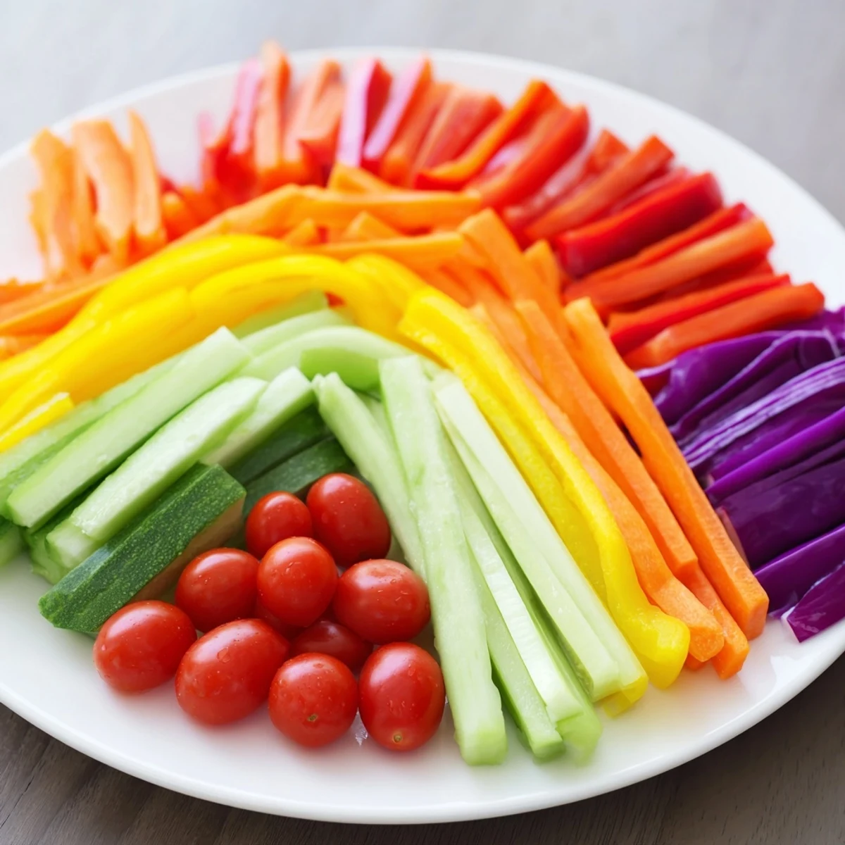 Rainbow Arch Bright Veggie Sticks, a colorful display of fresh, crunchy vegetables perfect for dipping.