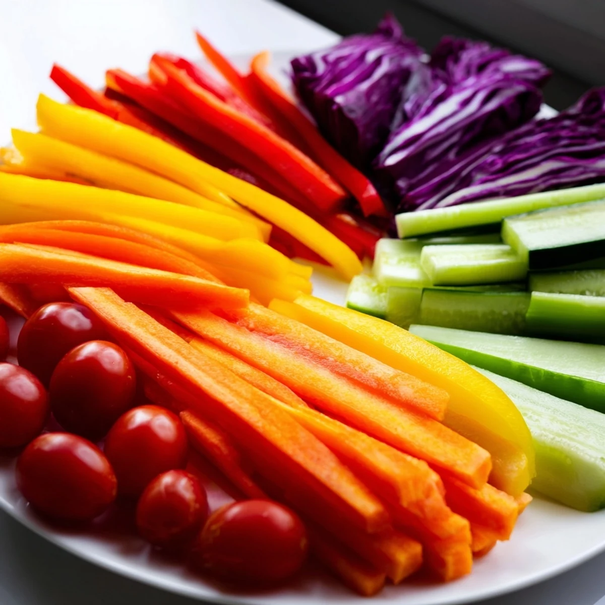 Vibrant Rainbow Arch Bright Veggie Sticks, a healthy snack bursting with the crisp flavors of a rainbow.