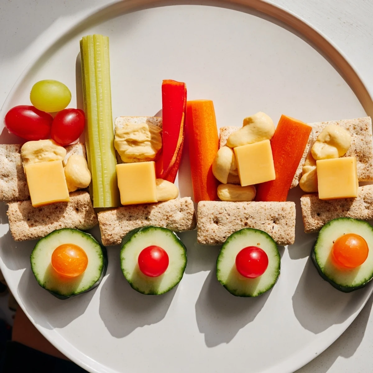 Cheesy cubes, carrot sticks, and grapes make up this delicious Choo Choo Train Snack Track, ready to eat!