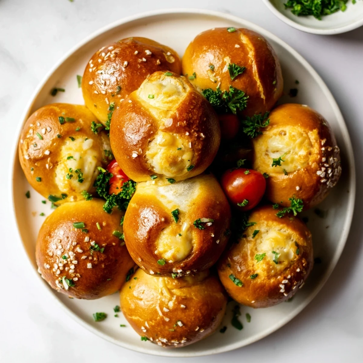 Festive Pretzel Joy Wreath, a pull-apart appetizer ready to be served with fresh parsley and tomatoes.