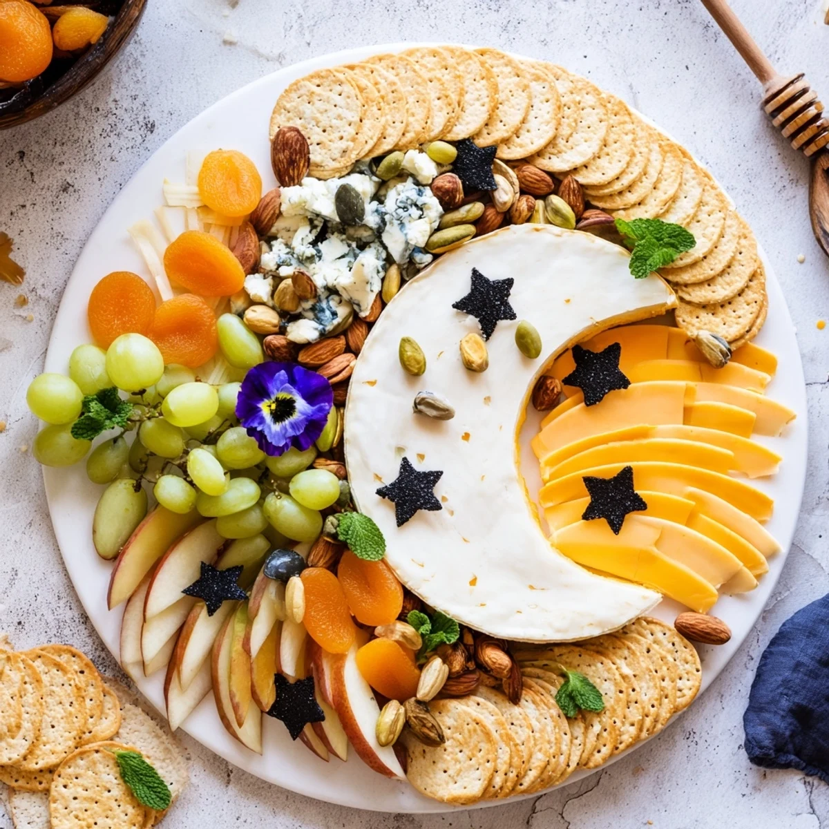 Crescent Moon Midnight Snack Board: A stunning appetizer board with brie, fruits, and chocolate stars, perfect for sharing.