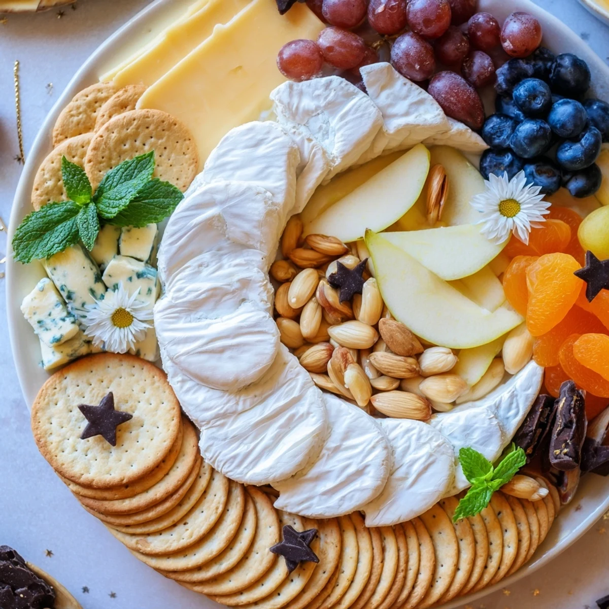 Visual feast: The Crescent Moon Midnight Snack Board features a crescent-shaped brie, surrounded by fruit, nuts, and sweets.