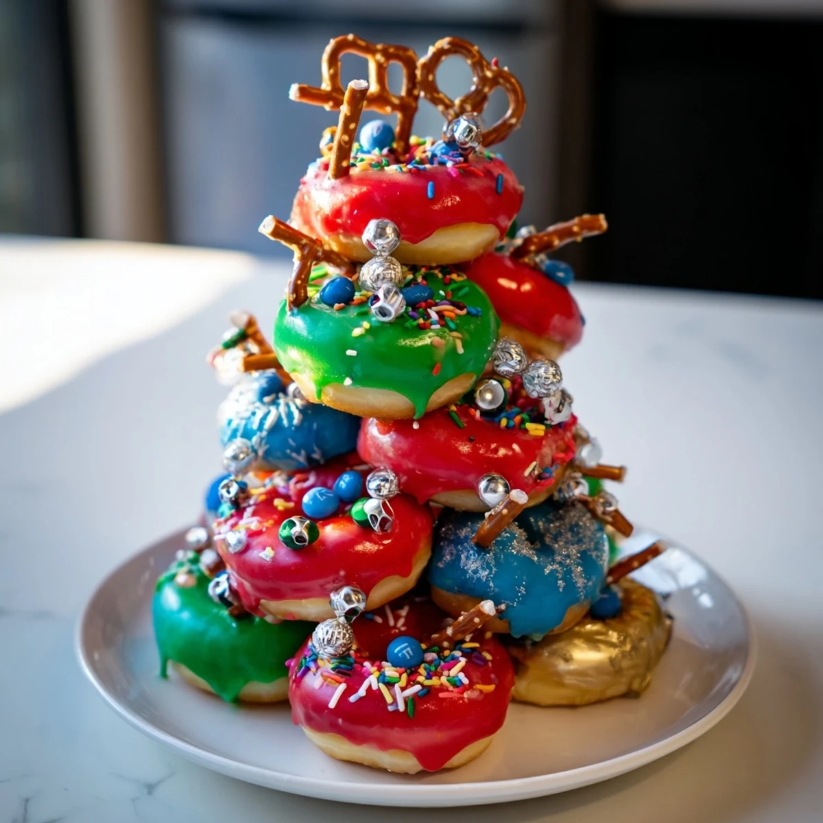 Festive Donut Stack Christmas Ornament Tower, a vibrant dessert centerpiece with colorful, decorated mini donuts.