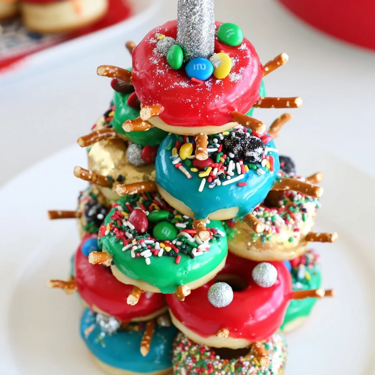 This edible Donut Stack Christmas Ornament Tower showcases layers of glazed donuts dusted with sprinkles for the holidays.