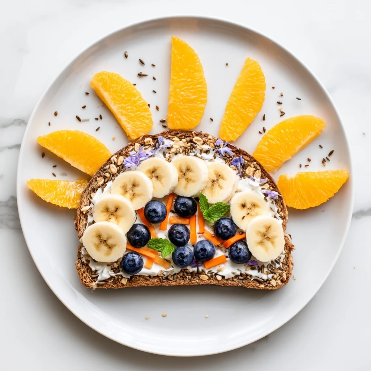 Enjoy a creative Morning Sun Breakfast Toast: vibrant fruit art on toasted artisan bread, ready to eat.