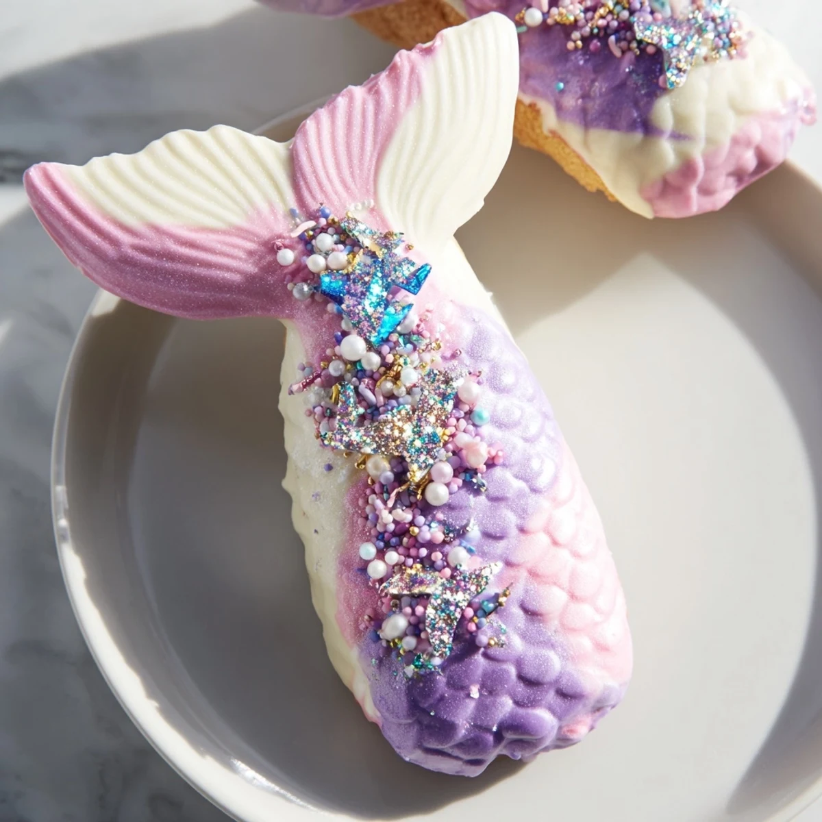 Delicate Mignardises Queue de Sirène, pastel-colored mermaid tail petits fours ready to serve for dessert.