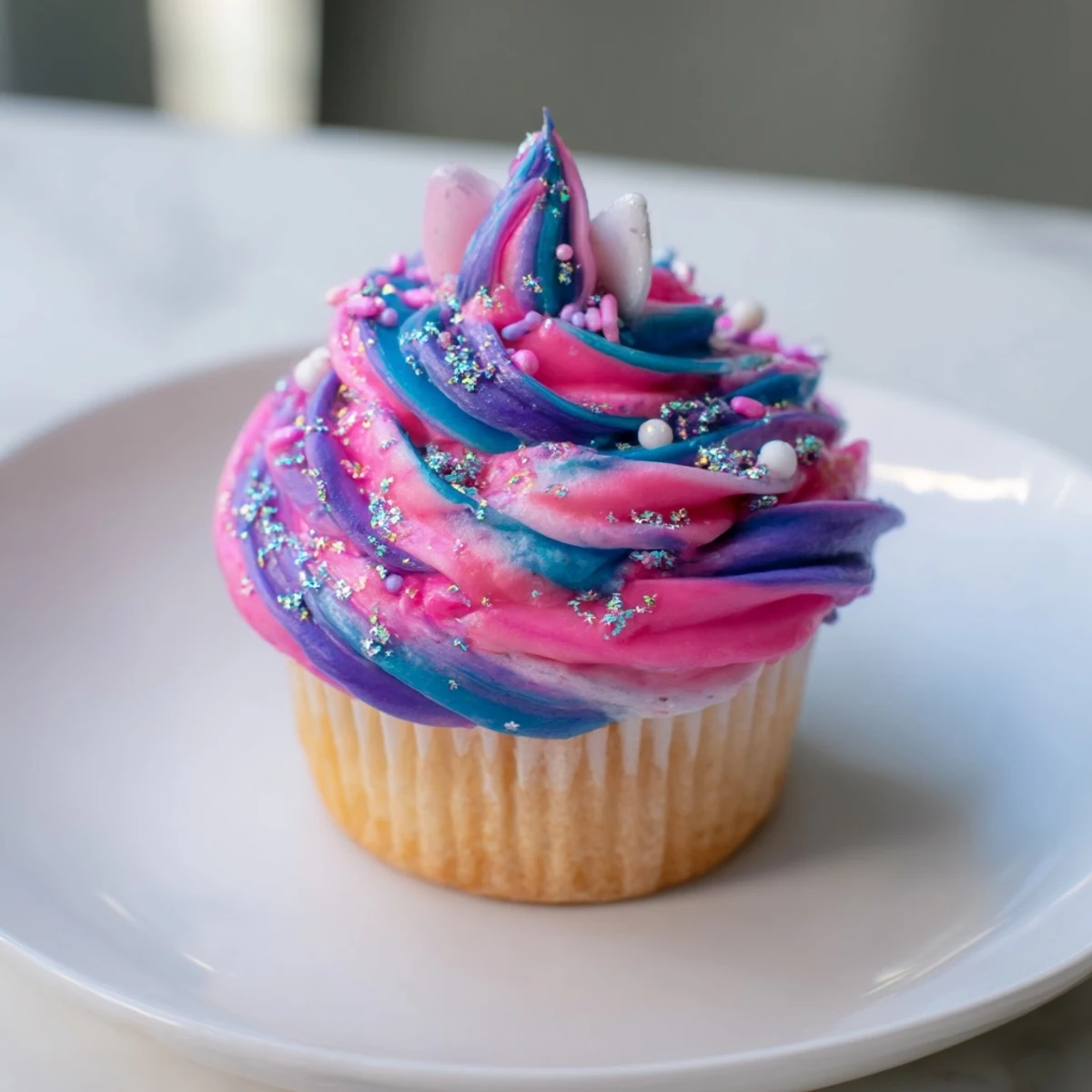 The vibrant Magical Unicorn Dessert Table showcases rainbow cupcakes and shimmering meringue kisses.